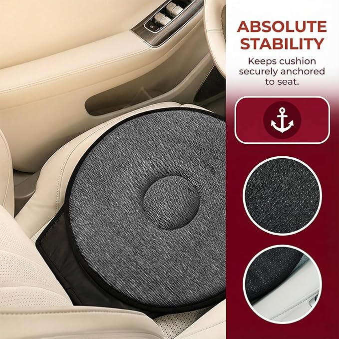 360 Degree Swivel Car Seat Cushion, Round Rotating Non Slip Vehicle Chair Pad for Elderly Support, Portable Removable Automotive Interior Seat Assist Pad, Universal for Sedan RV Truck (Grey)