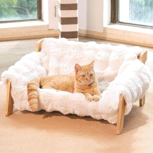 CHEERHOME PETS Elevated Cat Couch Bed for Indoor Cats, Wooden Cat Sofa with Removable Washable Fluffy Cover Raised Kitty Lounge Chair Suitable for Puppy(Cat Sofa Off-White)