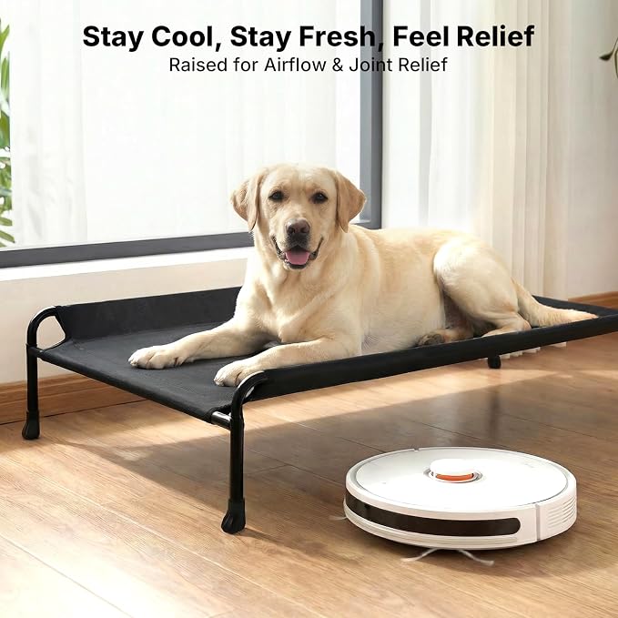 Veehoo Outdoor Dog Bed, Raised Dog Beds for Large Dogs, Elevated Dog Bed with Headrest, Washable Cooling Pet Cot with Non-Skid Feet, Breathable Pet Hammock for Indoor or Camping, 41", Black