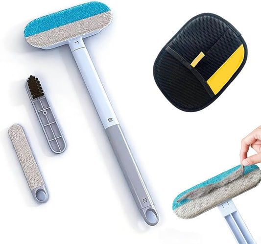 4 in 1 Pet Hair Remover with Glove, 17.7" Extra Long Handle Reusable Lint Brush, Effective Cat & Dog Fur Removal Tool for Couch, Furniture, Carpet, Clothes, Bedding, Car Seats