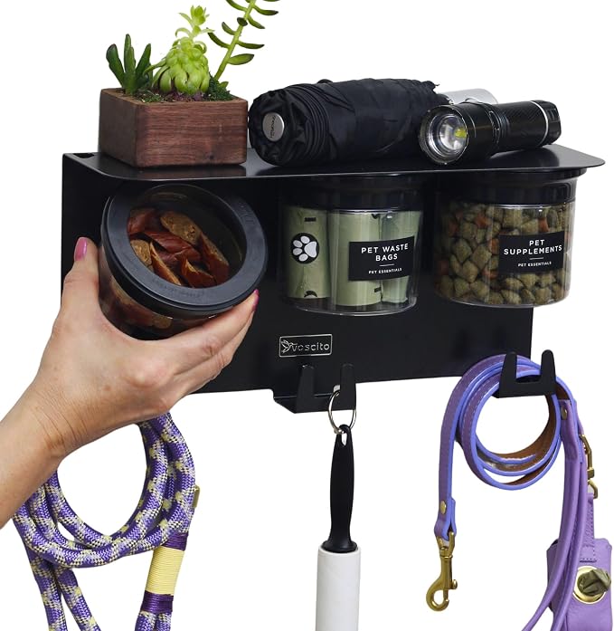 Dog Treat Holder For Wall Storage For Pets, Premium Pet Wall Organizer, Includes Three 16oz Airtight Dog Treat Jars, 3 Sets of Triple Hooks, Sturdy Shelf in Modern Black