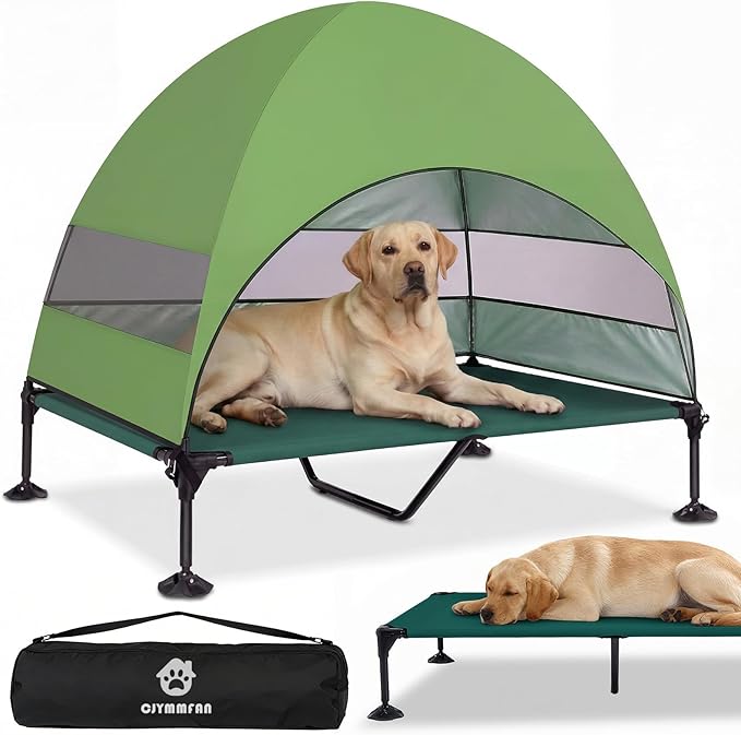 Elevated Dog Bed with Upgraded Canopy, Raised Outdoor Dog Tent with Powerful Anti-Slip Feet, Portable Pet Cot with Larger Shade, Raised Cooling Bed for Camping, Backyard, Beach, Poolside