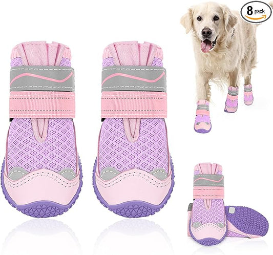 SlowTon Dog Shoes for Large Small Medium Dogs - Breathable Dog Boots for Summer Hot Pavement, Paw Protector for Outdoor Walking Winter Snow, Anti-Slip Rubber Dog Booties for Hardwood Floor (Pink, 5)