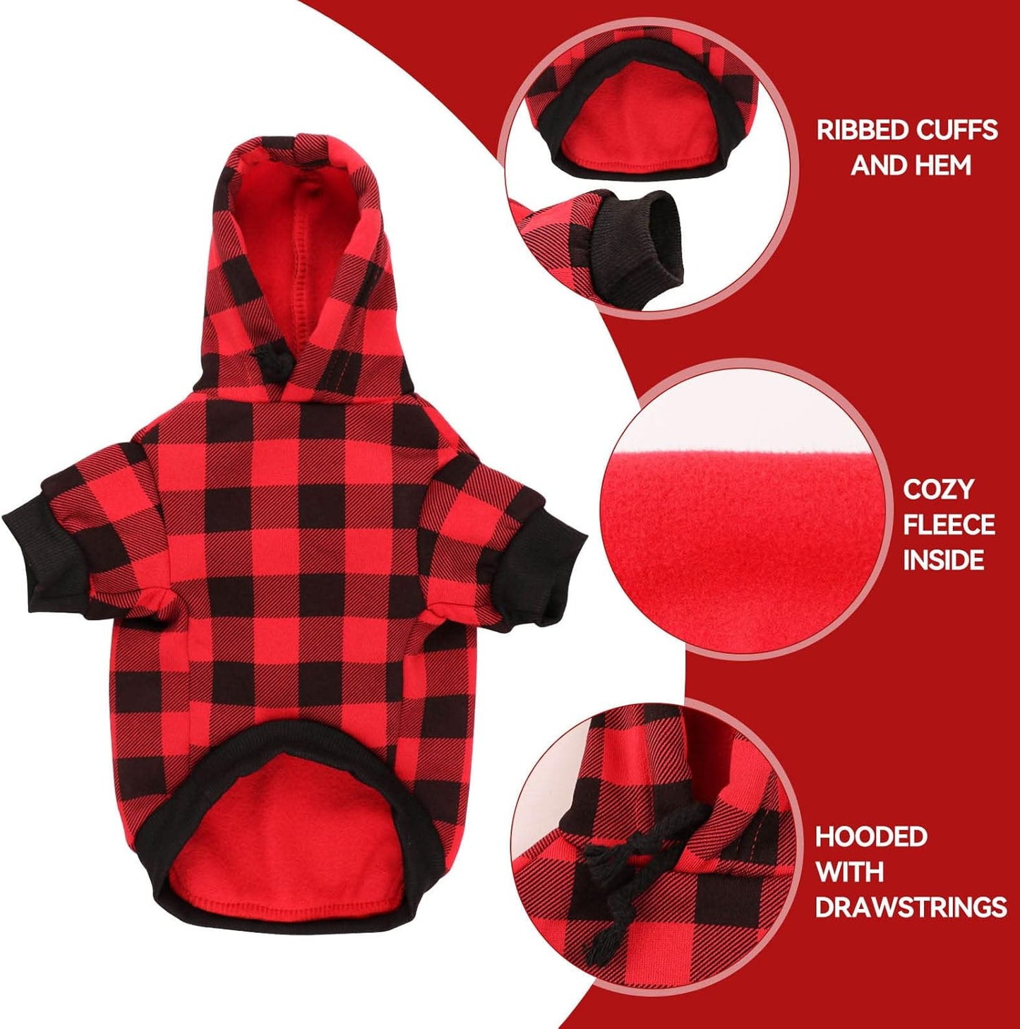 Dog Hoodie Sweater Red Buffalo Plaid Pet Clothes Warm and Soft Breathable Cozy Large Pet Sweater Dog Hoodies for Large Dogs with Pocket(L)
