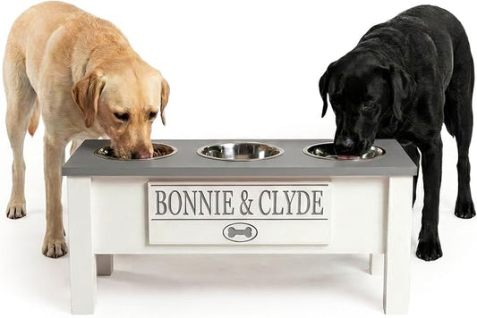 3 Bowl Dog Feeding Station, Personalized Triple Bowl Food Stand Large Dogs | Farmhouse Style, Elevated Wood Stand, Storage Container, Stainless Steel Bowls, Raised Feeder, Large Breed, Made in USA