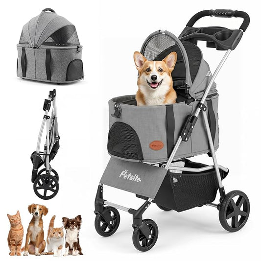 PETSITE 3-in-1 Pet Stroller for Small Medium Dogs, One-Click Foldable Dog Stroller with Detachable Carrier, Cup Holder & Storage Basket, Safety Leash, One-Step Rear Brake, Breathable Window (Grey)
