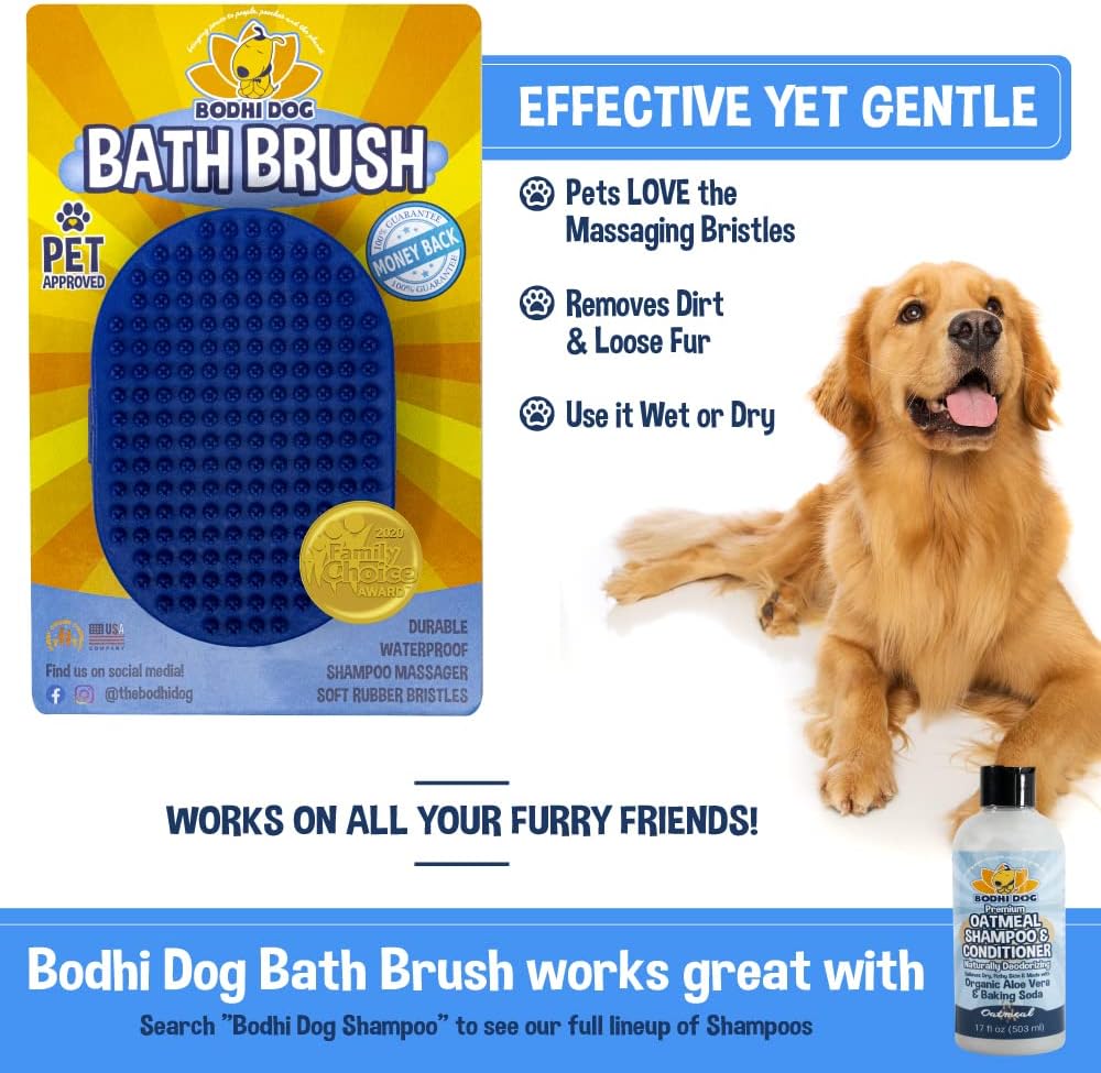 Bodhi Dog Stainless Steel Comb & Shampoo Brush - Bath & Shower Supplies for Dogs & Cats - Removes Shedding, Mats & Tangles - Pet Grooming Scrubber Bundle (Blue)
