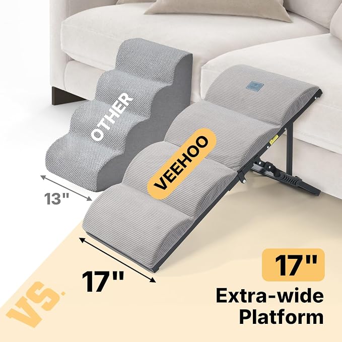Veehoo Foldable Dog Ramp for Bed Couch Large Dogs, Adjustable 12-20'' High | Portable Dog Stairs 17" Extra Wide for Small Medium Large Pet, Folding Indoor Doggie Steps with Non-Slip Pad, up to 150lbs