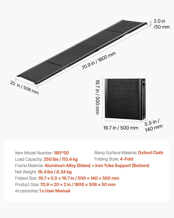 VEVOR Dog Ramp for Cars, 71" L x 20" W, Folding Pet Ramps for Medium & Large Dogs up to 250lbs, Pet Stair Ramp with Non-Slip Oxford Fabric Surface, Portable Outdoor Dog Car Ramps for SUV & Truck