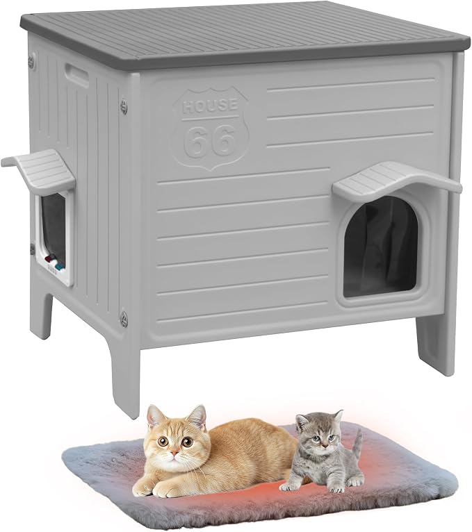 Cat House Outdoor with Cat Mat Large Weatherproof Plastic Cats Shelter | Weatherproof Cat House with Escape Door Indoor Waterproof Feral/Pet Cat Shelter Outside for Multiple Cats
