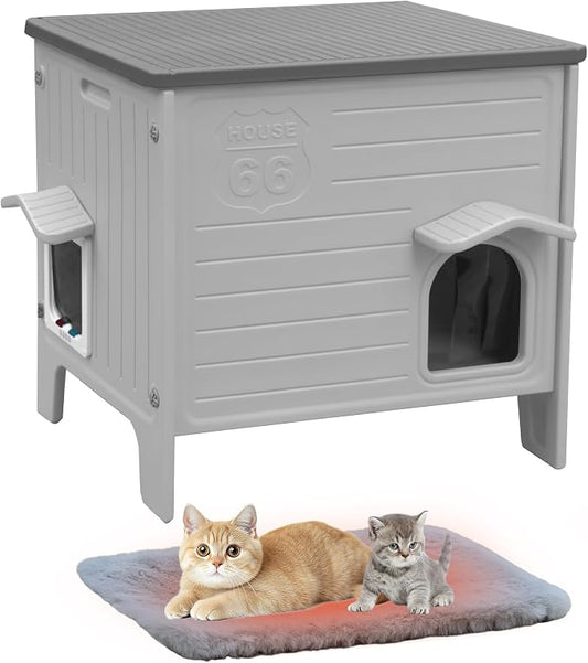 Cat House Outdoor with Cat Mat Weatherproof Plastic Cats Shelter Outside | with Escape Door, Weatherproof Waterproof Cat House Indoor Outdoor