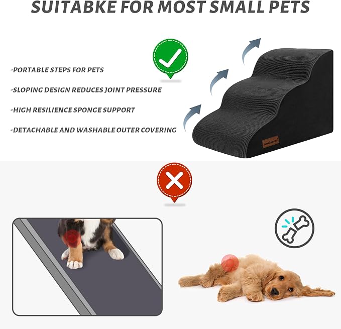 Aodisman Dog Stairs for Small Dogs and Cats,3-Step Pet Ramp for Couch,Chair | 15.7" H Non-Slip Sturdy Dog Steps with Curved Ramp for Senior,Short-Legged Dogs,Puppy and Cats to Reach Sofa or Chair,Black