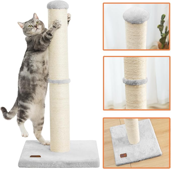 Karolpar 34inch Cat Scratching Post with Natural Sisal Rope 4.3Inch Large Diameter Scratcher Post Tree for Indoor Cats Grey