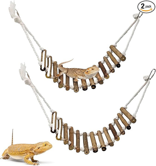 VCEPJH Reptile Bridge for Terrarium 2 Pack Wooden Bearded Dragon Climbing Ladder Hanging Flexible Swing Tank Deor Accessories for Gecko Hermit Crab Chameleons Turtle Lizard Frog