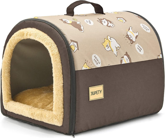 Jiupety Indoor Dog House, 2 in 1 Portable Foldable House Bed with Cover, Pet Tent & Cave Bed for Cats and Small Dogs, M(18"×14"×13"), Up to 9 Lb, Brown