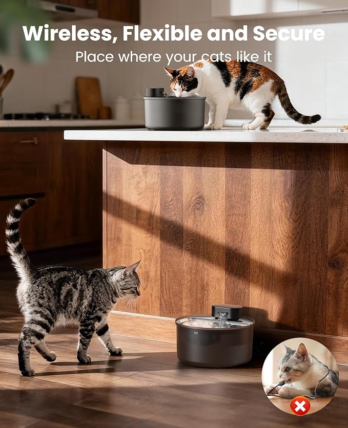 oneisall Cat Water Fountain Stainless Steel Tray: 108oz/3.2L Wireless Pet Fountain for Cats Indoor, Battery Operated Automatic Water Dispenser for Drinking, Ultra Quiet Motion Sensor, BPA-Free