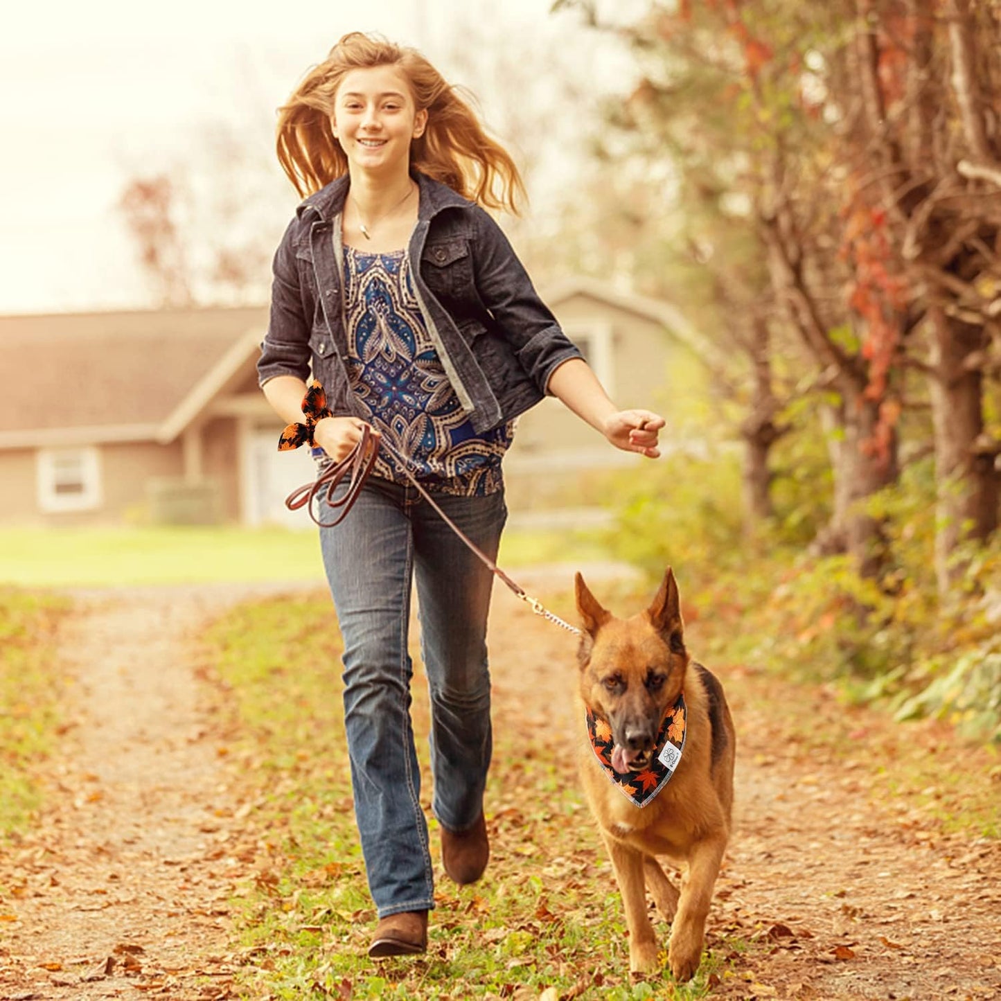 E-Clover Fall Dog Bandana & Matching Scrunchie Set Pet Scarf Kerchief Bibs Dog Outfit for Small Dogs Puppy Owner Gifts Orange Black Maple Leaves