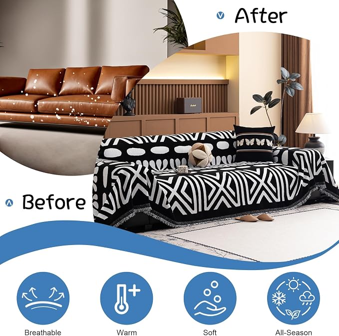 VClife Minimalism Tribal Couch Cover Non Slip White Black Geometric Jacquard Sofa Cover Washable Bohemian Style Aztec Couch Slipcover for Sectional Couch Chenille Furniture Protector 71''x118''