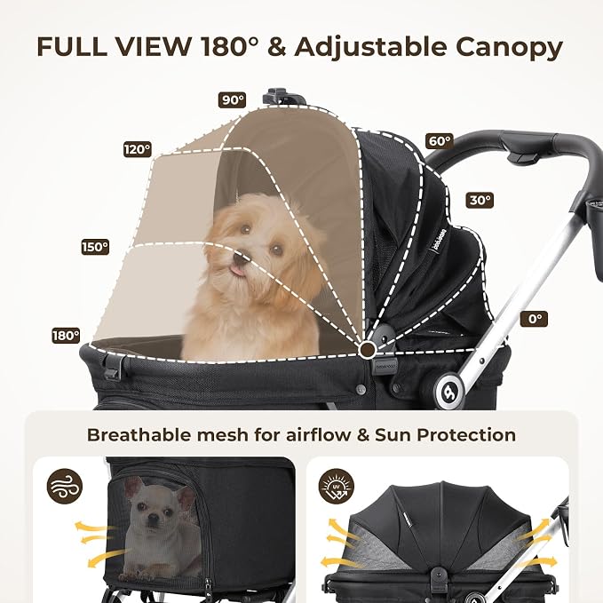 T4 Pet Stroller for Small Medium Dogs, Cat Strollers for 2 Cats, 4 Wheels Folding Pet Stroller for Cats with Pad, Canopy and Cup Holder, Black