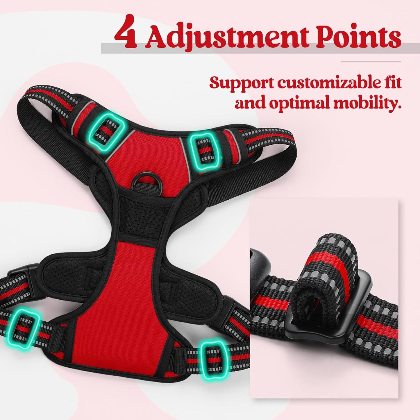 rabbitgoo Dog Harness No Pull with 2 Leash Clips, Adjustable Soft Padded, Reflective Oxford No Choke Pet Vest with Easy Control Handle for Medium Sized Dogs, Red, M