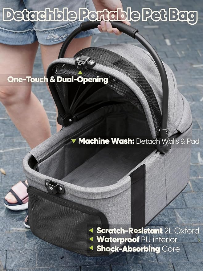 Small Dog Stroller, Pet Stroller for Small Dogs, 5-in-1 Dog Strollers - Fold All in One Without Detaching Carrier, Pet Strollers with Removable Waterproof Carrier for Dogs Cats 10 lbs 20 lbs - Grey