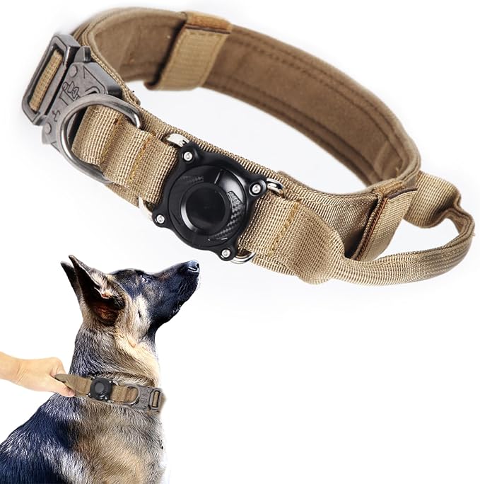 AirTag Dog Collar for Large Dogs Tactical Dog Collar with AirTag Holder | Upgrade Waterproof,Adjustable,Control Handle,Quick-Release Metal Buckle,1000D Nylon Fabric,Soft-Padde,Velcro Patch(Brown,L)