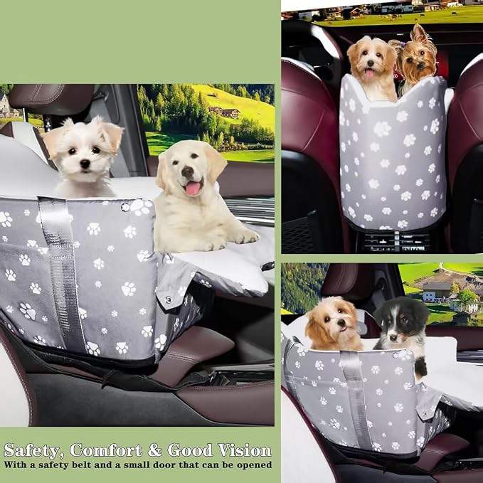 Dog Car Seat for SUV Truck Center Console Dog Seat | Memory Foam Pet Booster Seat for Medium Dogs Up to 21 lbs & Storage Pockets - Washable Cover (Large Grey)
