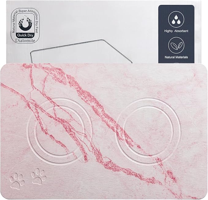 Diatomite Stone Pet Feeding Mat for Dog Cat Super Absorbent Diatomite Quick Drying Stone Dog Food Water Mat, Dog Mats for Food and Water with Non-Slip Station, Fast Dry Pet Mats, Marble Pink