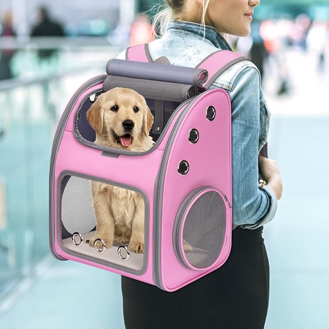 Expandable Cat Backpack Carrier, Portable Cat Backpack Up to 18 lbs | Airline Approved Pet Travel Carrier, Super Ventilated Design, Ideal for Traveling/Hiking /Camping, Pink
