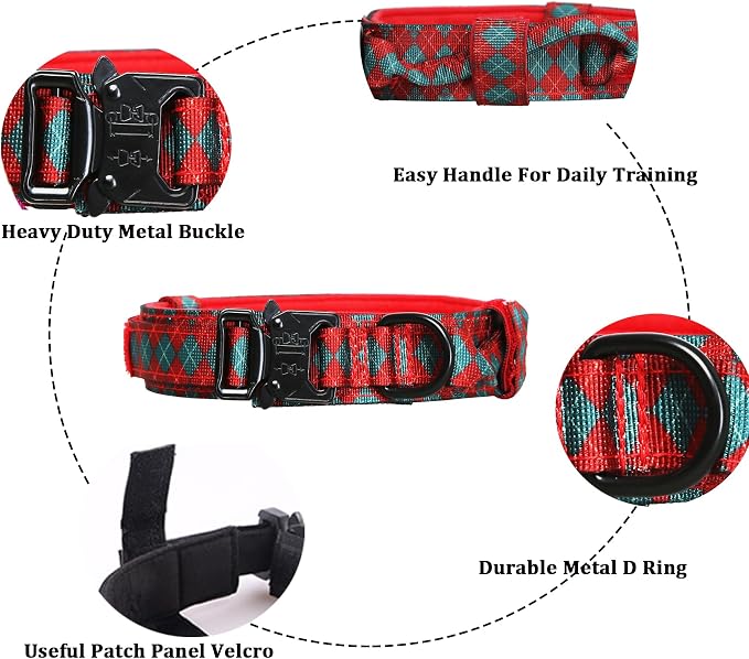 Tactical Dog Collar for Large Dogs with Control Handle,Grid | 1000D Heavy-Duty Nylon Fabric,Quick-Release Metal Buckle,Adjustable Fit,Soft-Padded Webbing,D-Ring,for Training & Hiking,XL