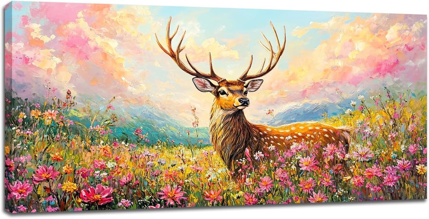 Deer Large Wall Art Wildflower Landscape Pictures Rustic Flowers Wall Decor Wild Animal Nature Canvas Print Painting Artwork for Bathroom Living Room Bedroom 30"x60"