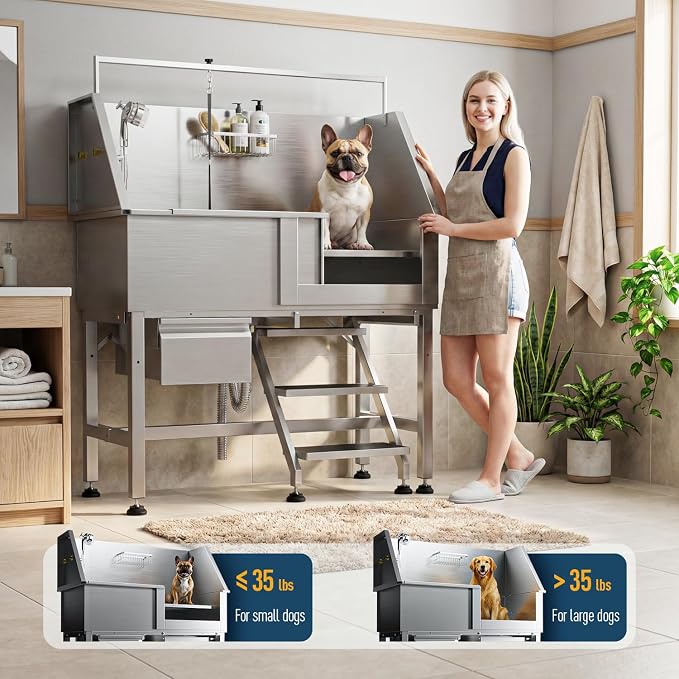46" Dog Washing Station, Leak-Proof 304 Stainless Steel Dog Bathtub with Non-Slip Removable Left Stair & Storage Drawer, Elevated Pet Wash Station for Large Dogs, Indoor & Outdoor Use (Right Stair)