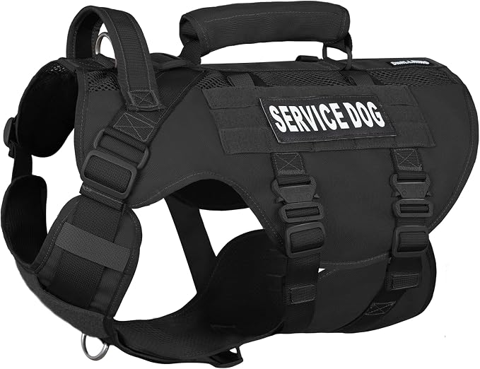 Service Dog Vest for Large Dogs, Black Tactical Harness with Military MOLLE, Breathable Mesh & 39g Metal Buckle - Size XL for Training & Hiking