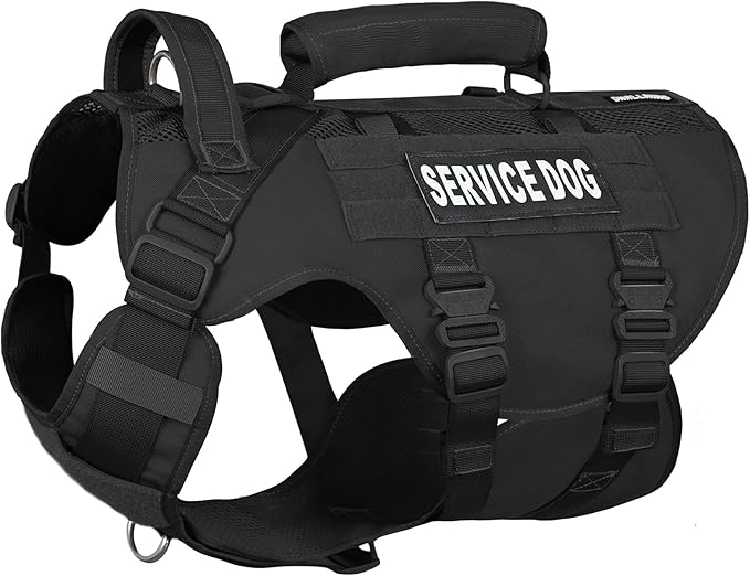 Service Dog Vest for Large Dogs, Black Tactical Harness with Military MOLLE, Breathable Mesh & 39g Metal Buckle - Size L for Training & Hiking