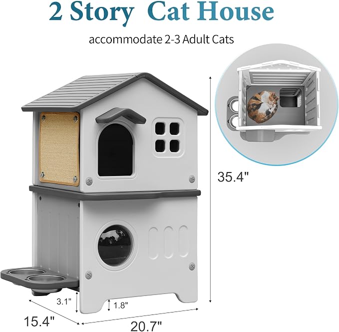 Cat House Outdoor Weatherpoof Plastic Cats Houses 2-Story | with Elevated Cat Bowls, Cat Scratch Pads and Escape Door, Indoor Waterproof Feral Cat Shelter Outside for Multiple Cats
