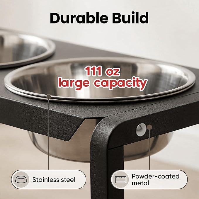 Metal Elevated Dog Bowls, Raised Dog Bowls for Large/Extra Large Breeds with Two 111oz Stainless Steel Food Bowls, 3 Adjustable Height (8.8"/11.5"/14") Dog Bowl Stand Protect Neck & Joints