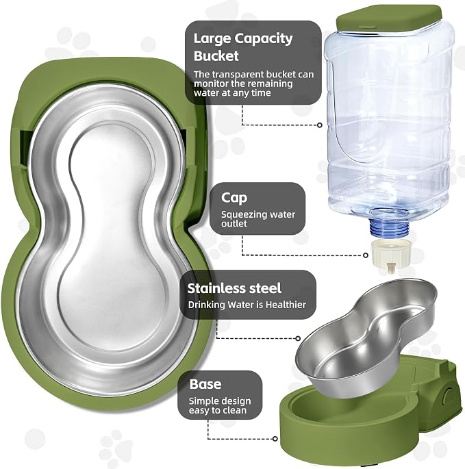 HWONMTE Portable Automatic Cat Feeder and Water Dispenser with Stainless Steel Bowl Dog Gravity Food Feeder and Waterer for Small Medium Pets Puppy Kitten 1 Gallon x 2 (Olive Green)