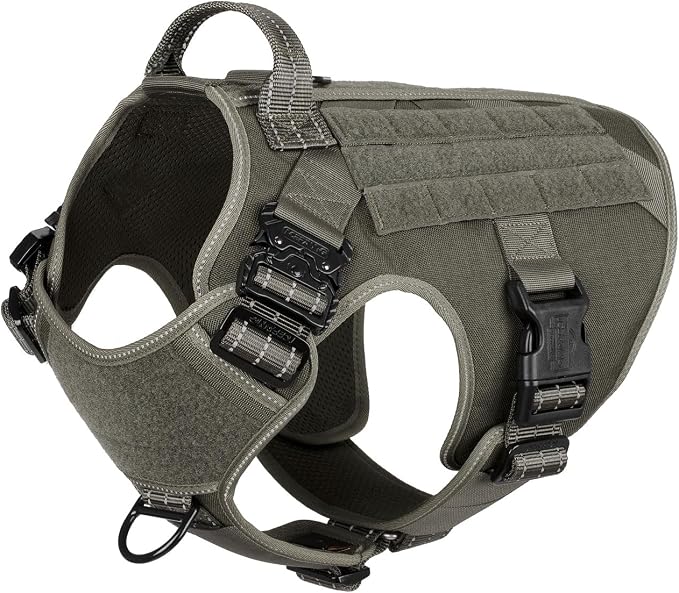 ICEFANG Tactical Dog Harness for Large Dogs,Reflective No Pull Dog Vest | with Control Handle,Adjustable,Front Hook,2 Leash Clips,Soft Padded,MOLLE Panel,Green,Large