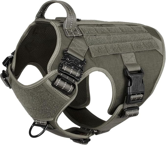 ICEFANG Tactical Dog Harness for Large Dogs,Reflective No Pull Dog Vest | with Control Handle,Adjustable,Front Hook,2 Leash Clips,Soft Padded,MOLLE Panel,Green,Large