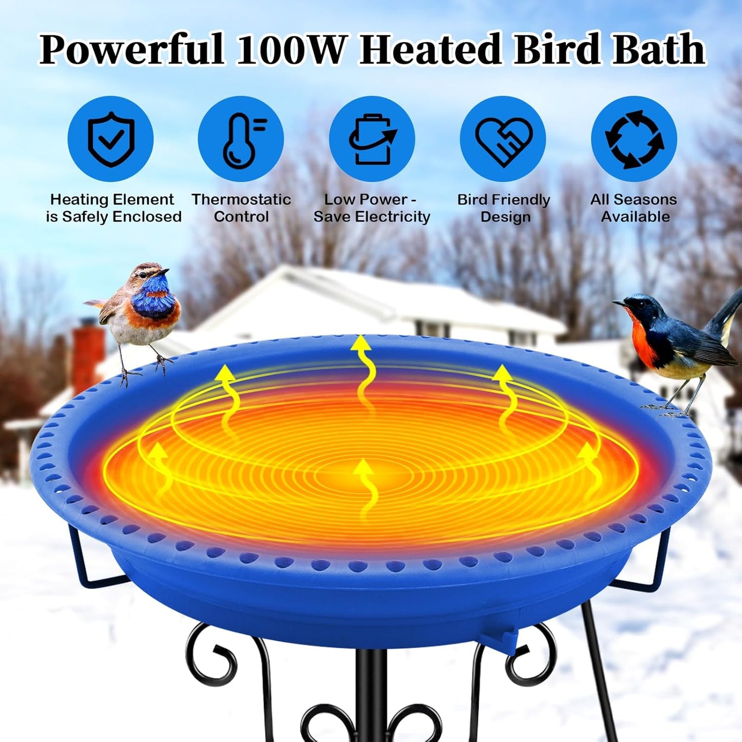 Heated Bird Baths for Outdoors for Winter, Lovppy 100W Heated Bird Bath Water Heater with Thermostatically Controlled, Heated Bird Baths Bowl with Metal Stake for Outside Garden Patio Yard (Blue)