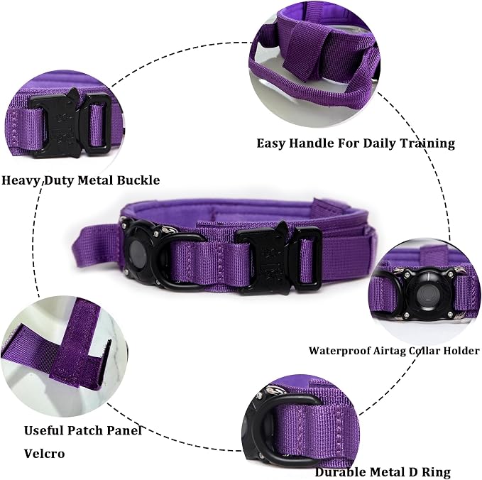 Tactical Dog Collar and Leash Set with Airtag Holder Waterproof Dog Airtag Collar with Handle Adjustable Heavy Duty Dog Collar Leash Set(DeepPurple，M