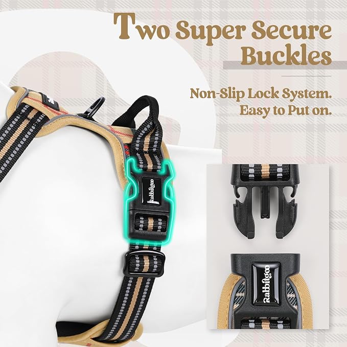 rabbitgoo Dog Harness, No Pull Medium Sized with 2 Leash Clips, Pet Vest | No Choke with Handle, Adjustable Soft Padded, Reflective, Easy Control for Walking, Beige Plaid, Medium