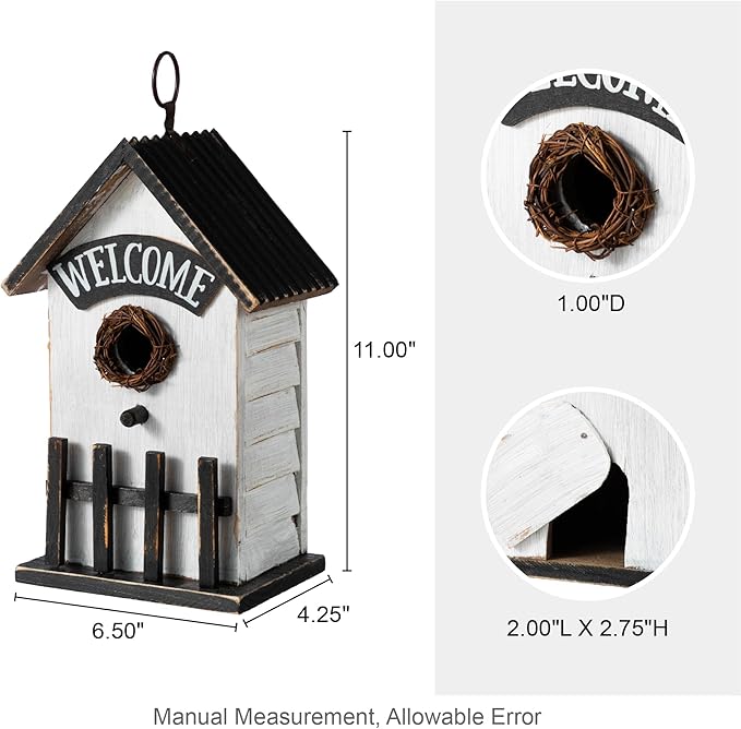 Glitzhome Bird Houses for Outside, Birdhouses for Outdoors, 11" H Washed White Solid Wood Bird Houses Fence Garden Hanging Birdhouses for Bluebird Swallow Sparrow Hummingbird Finch Cardinals
