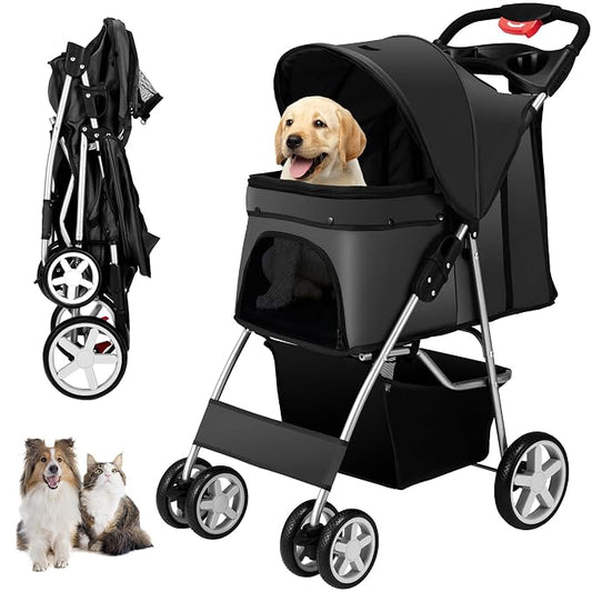 Unisakey 4 Wheels Pet Stroller for Small Medium Dogs Cats 10-33 lbs, Foldable Dog and Cat Stroller with Cup Holder & Storage Basket & Breathable Mesh, Pet Strolling Cart for All-Season, Black