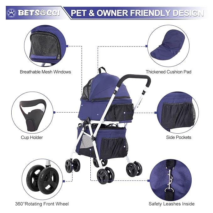Double Dog Stroller with 2 Detachable Carrier, Portable Pet Stroller for Small Dogs & Cats Folding Lightweight Puppy Travel Carriage, 4 Wheels, Blue