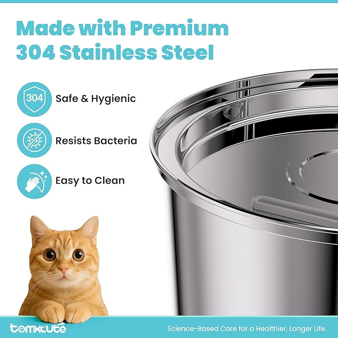 Tomxcute Cat Water Fountain, 3.2L/108oz Automatic Stainless Steel Pet Fountain Dog Water Dispenser, Ultra-Quiet Pump and 3 Replacement Filters & for Cats, Dogs, Multiple Pets