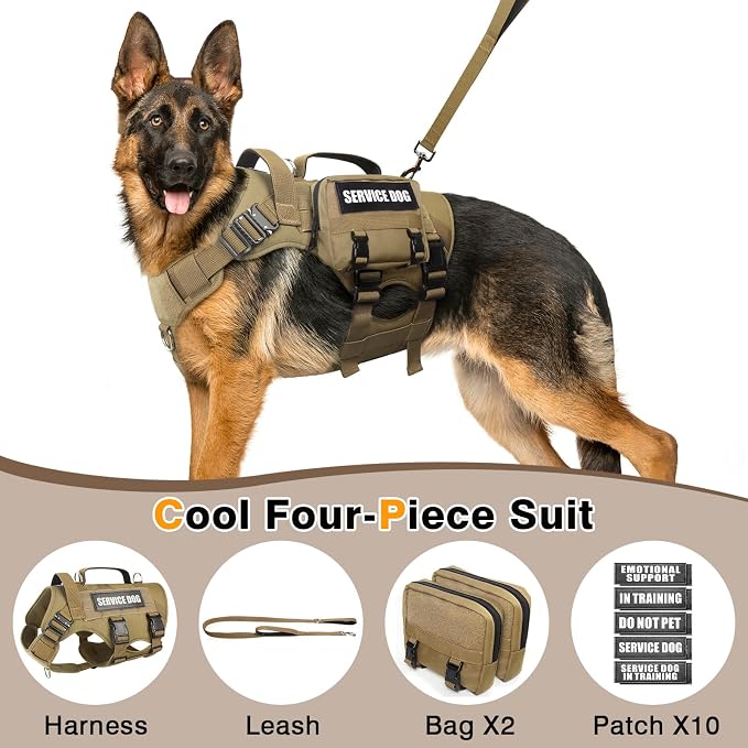 Tactical Dog Harness with Dog Leash, Service Working MOLLE Vest with 10 Pet Patches for Large Dog, No Pull Military Harness and Backpack for Training Hunting Walking