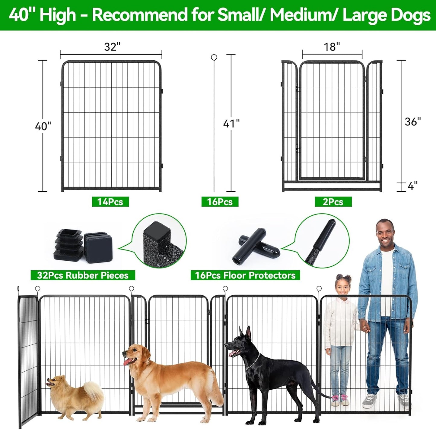 Dog Playpen Outdoor Extra Wide 16 Panels Heavy Duty Dog Fence 40" Height Anti-Rust with Doors Portable for RV Camping Yard, Total 42FT, 140 Sq.ft, Snowy Black
