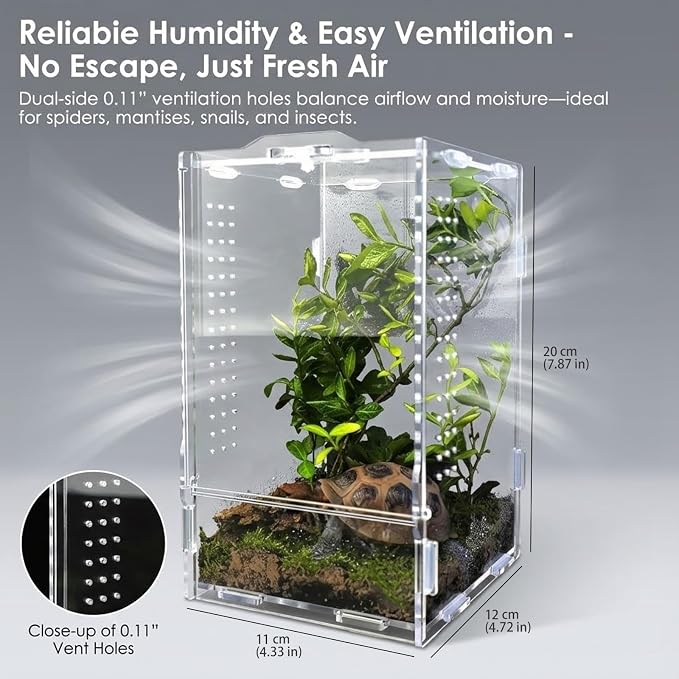 Acrylic Jumping Spider Enclosure: Arboreal Tarantula Enclosure | Front Opening Reptile Terrarium for Gecko Praying Mantis Snail - Lockable Dual-Side Ventilation Bug Habitat for Desk Decor