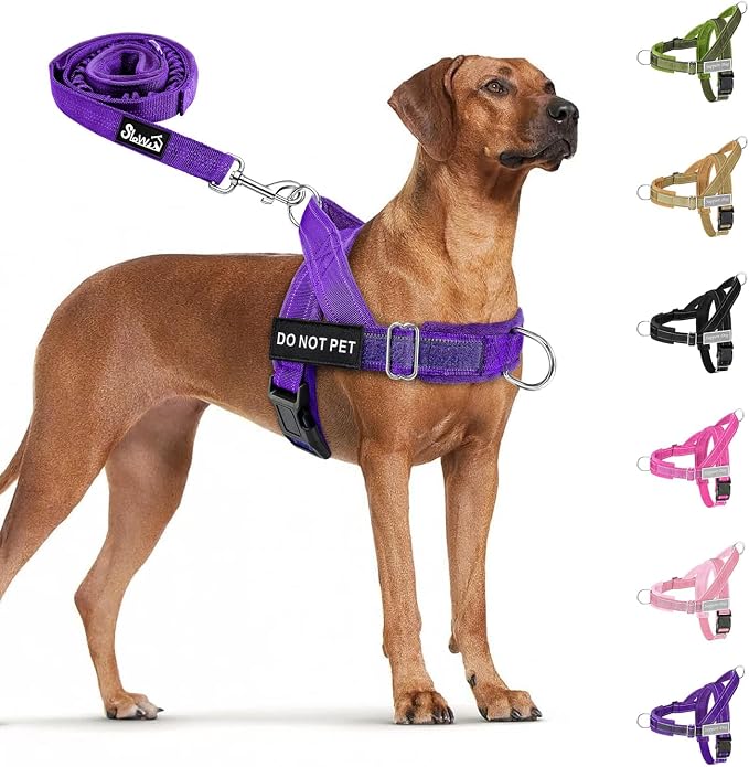 SlowTon No Pull Dog Harness with Front Clip - Heavy Duty, Soft Padded | Neck & Chest Adjustable, Tactical Pet Vest and Leash Set for Large Medium Sized Dogs, for Easy Walk & Training, Purple S